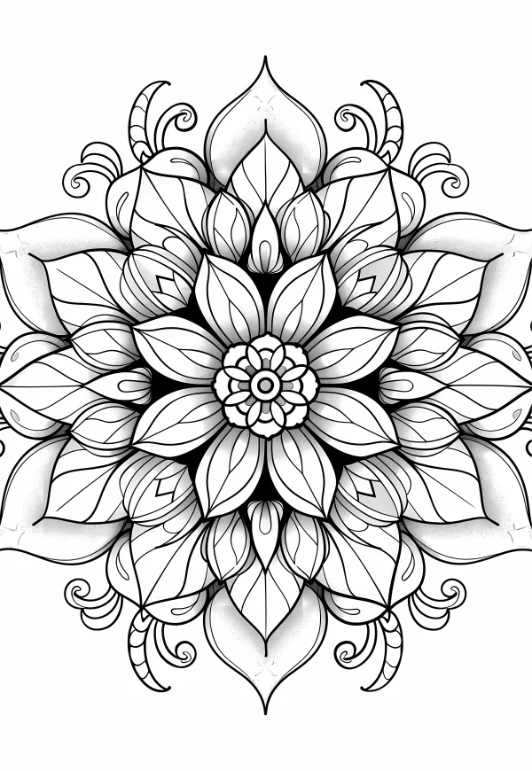 Mandala flower, symmetrical floral mandala style — free printable mandala coloring book page