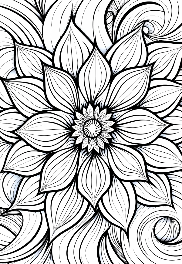 Mandala-style floral pattern, intricate symmetrical flower with swirling decorative lines — free printable mandala coloring book page