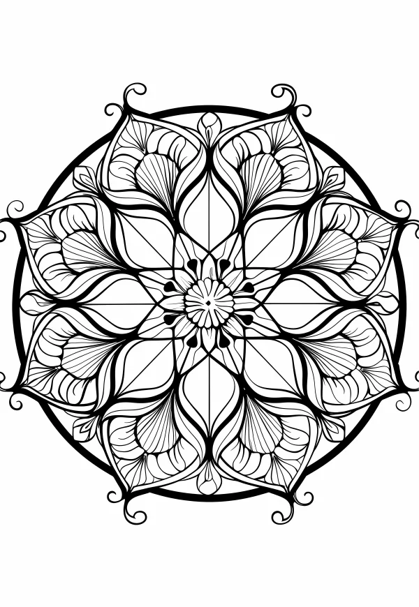 Mandala flower symmetric pattern, abstract design — free printable mandala coloring book page