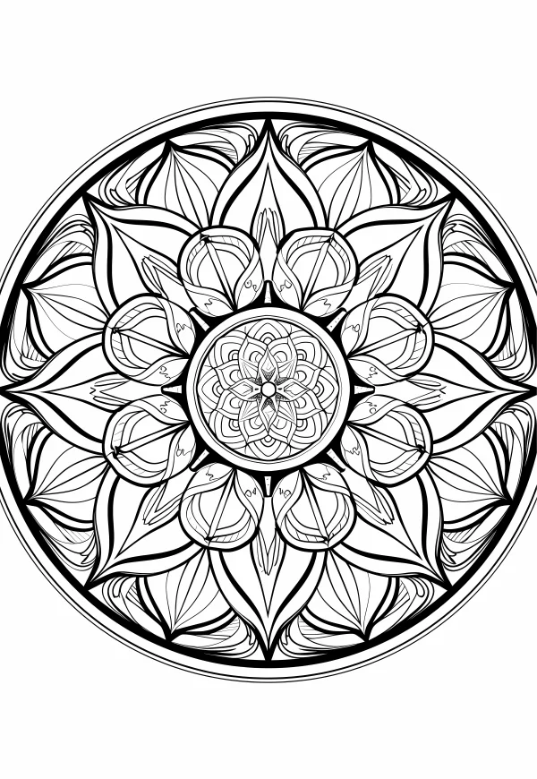Intricate symmetric mandala pattern, abstract art style — free printable order coloring book page