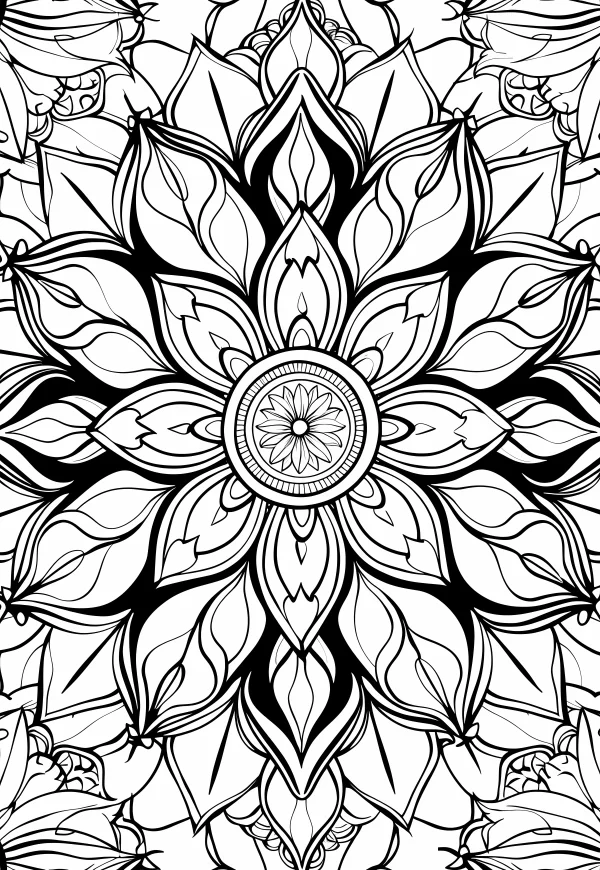 Intricate mandala pattern with symmetrical leaf motifs and central floral design, abstract art style — free printable mandala coloring book page