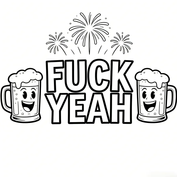 Cartoon beer mugs with happy facial expressions, paired with 'fuck yeah' bold text — free printable party coloring book page