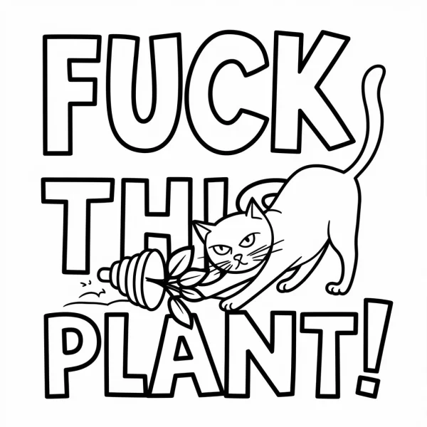 Mischievous cat knocking over a potted plant, bold text 'fuck this plant!' — free printable quirky coloring book page