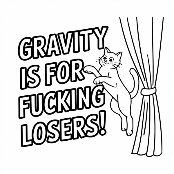 Mischievous cat climbing curtains, cartoon style — free printable quirky coloring book page