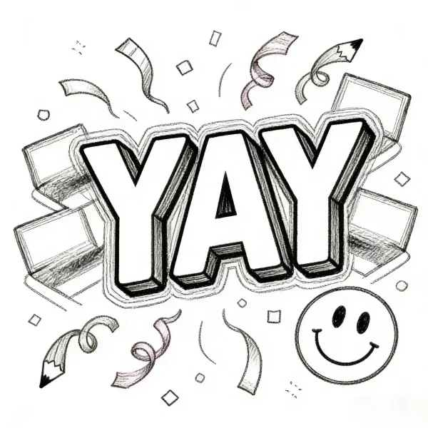 3d stylized word 'yay', cartoon and decorative art style — free printable party coloring book page