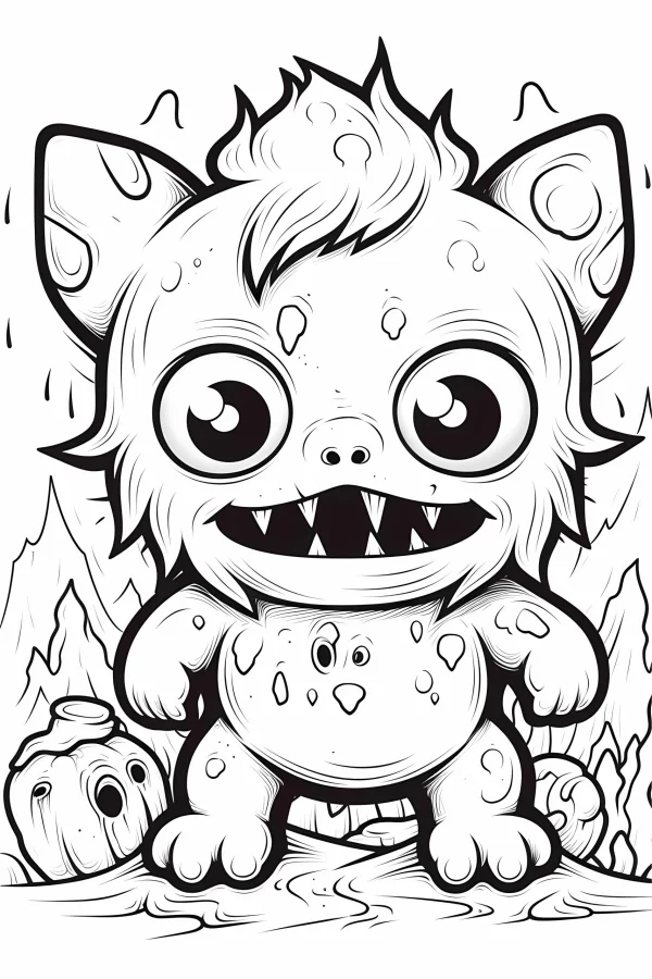 Cartoon cute little monster with big eyes, sharp teeth and spotted body — free printable cartoon coloring book page