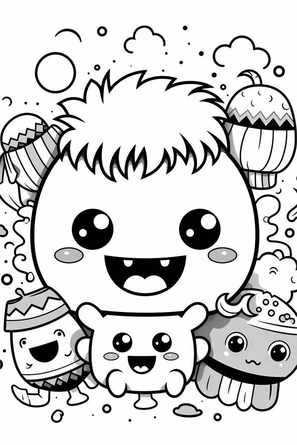 Cute big-headed cartoon character with small anthropomorphic spring festival items including lanterns and firecrackers, cartoon style — free printable cartoon coloring book page