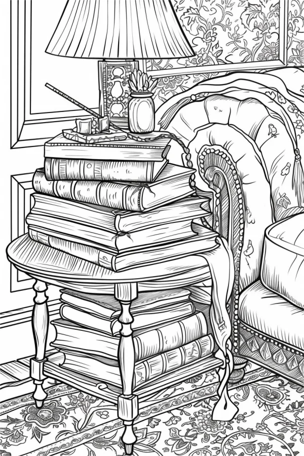 Round side table stacked with books next to a tufted armchair, realistic line art style — free printable home coloring book page