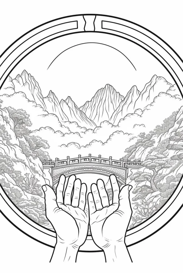 Hands holding a tranquil mountain landscape with stone bridge, chinese realistic style — free printable zen coloring book page