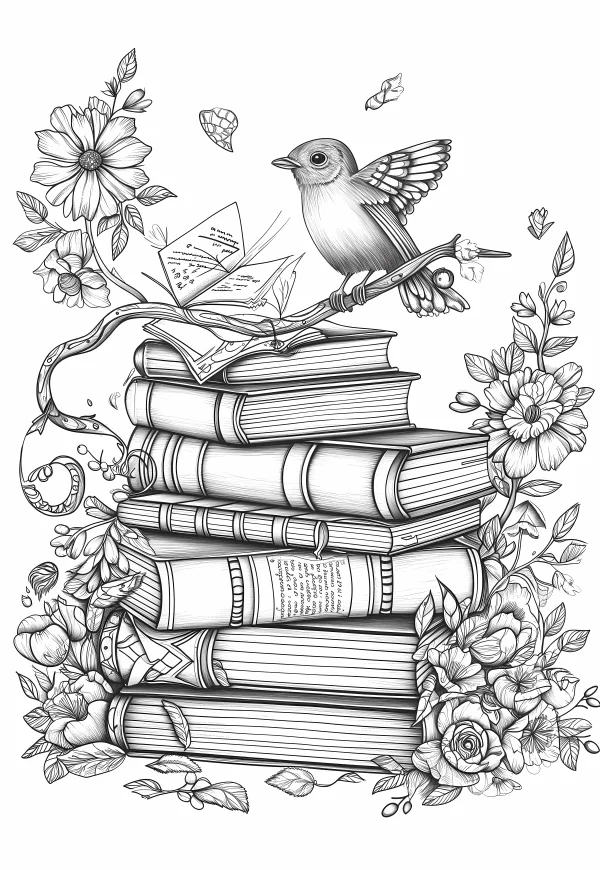 Small bird perched on a branch over a stack of vintage books, surrounded by blooming flowers and winding vines — free printable animal theme coloring book page