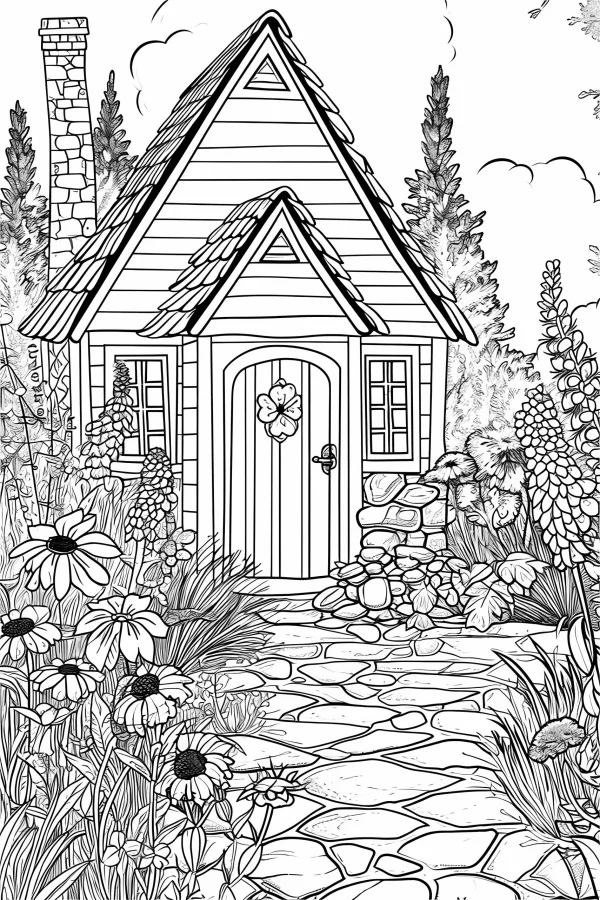 Garden cottage, fairy tale pastoral style — free printable pastoral coloring book page