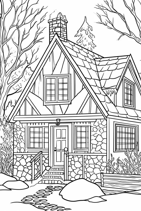 Forest cottage with stone walls and chimney, surrounded by bare trees and small shrubs — free printable home life coloring book page
