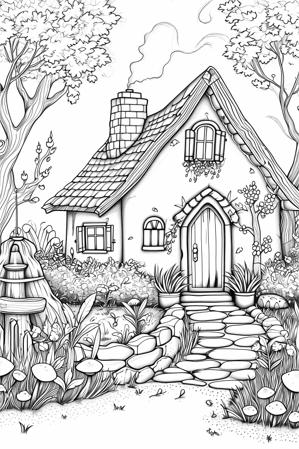 Fairy tale cottage, fairy tale art style — free printable pastoral coloring book page