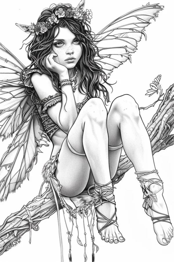 Fairy girl sitting on tree branch, fantasy illustration style — free printable elves coloring book page
