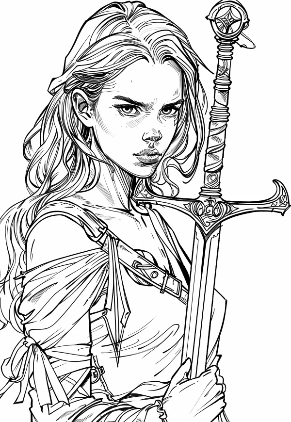 Coloring book page, warrior woman holding an ornate sword — free printable warrior coloring book page
