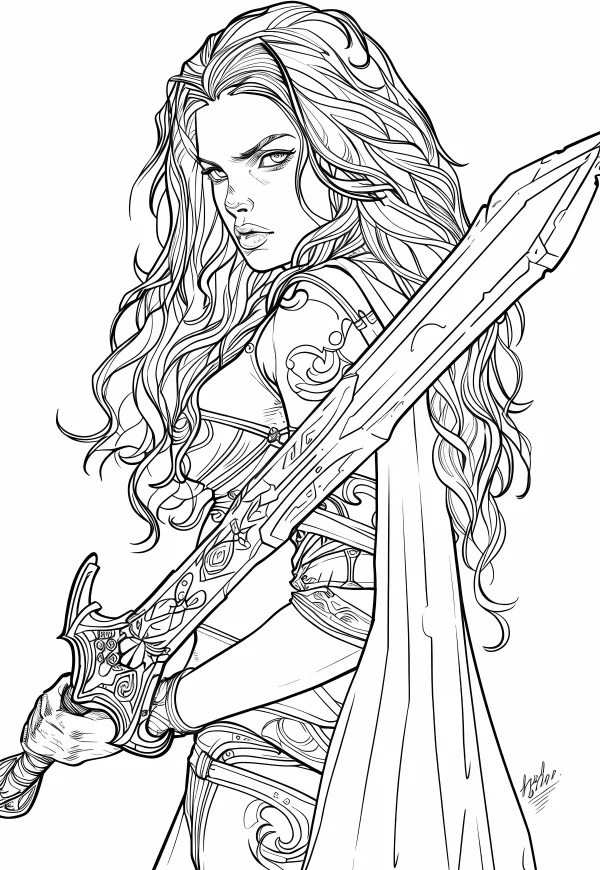 Female warrior holding an intricately patterned sword, fantasy style — free printable warrior coloring book page