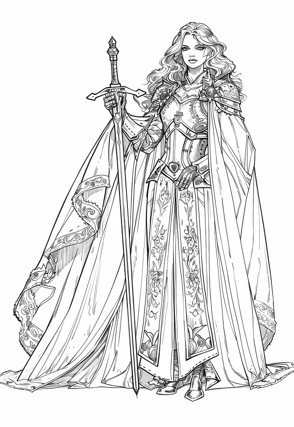 Elegant ornate female knight with long curly hair, holding a detailed sword — free printable knight coloring book page