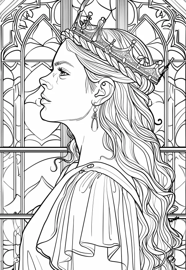 Side profile of a european-style princess wearing an ornate crown, fairy tale style — free printable euro-american culture coloring book page
