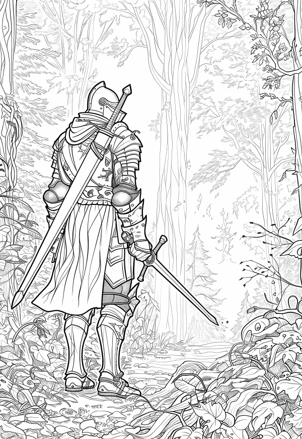 Knight in full armor standing in a dense forest, fantasy style — free printable occupation coloring book page