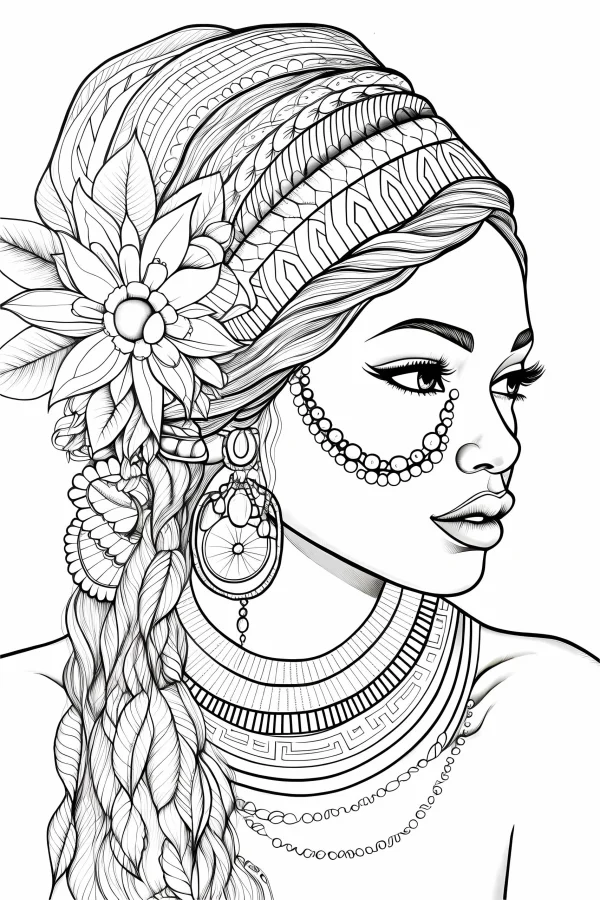 Indigenous style woman with braided hair and large flower on head, tribal ethnic geometric patterns — free printable indigenous culture coloring book page