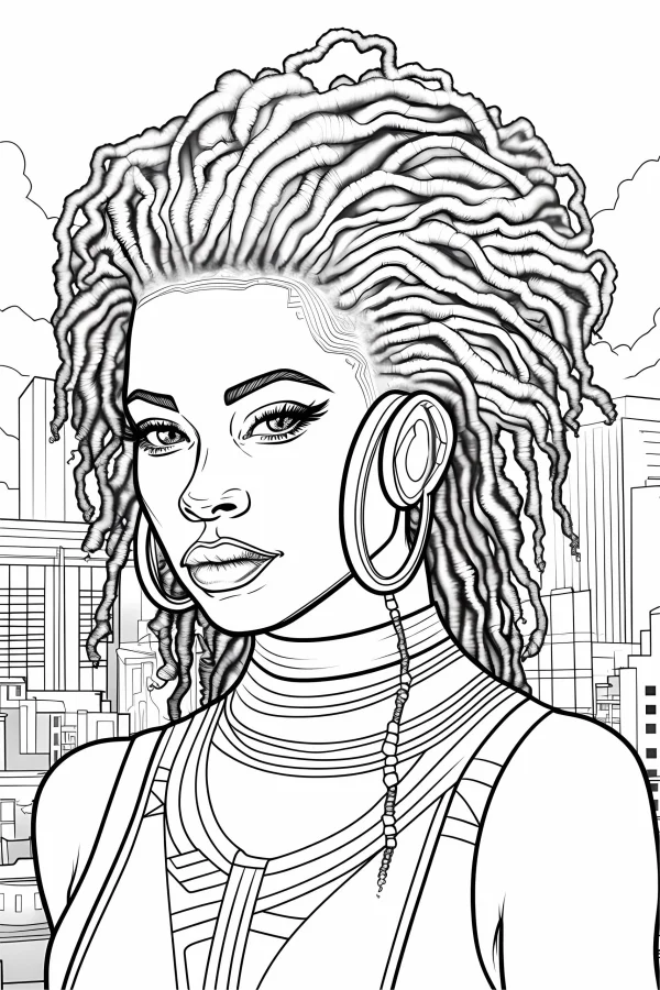 Cyberpunk style girl with dreadlocks and large hoop earrings wearing headphones, city skyline with clouds in background — free printable city coloring book page