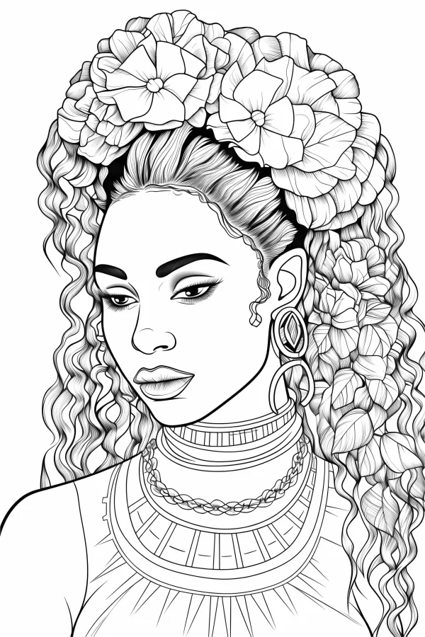 Curly-haired bohemian woman with large floral headdress, bohemian ethnic style — free printable bohemian coloring book page
