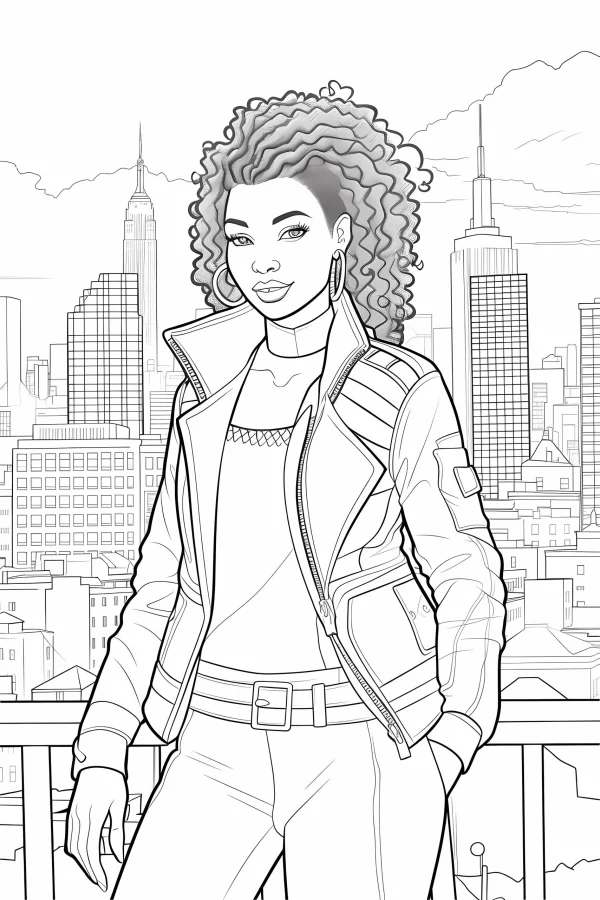 Stylish curly-haired girl in leather jacket, realistic illustration style — free printable urban life coloring book page
