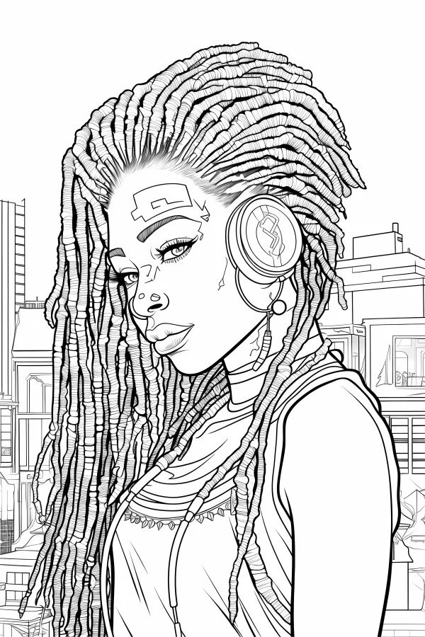 Cyberpunk style girl with dreadlocks, wearing headphones and futuristic facial accessories — free printable city coloring book page