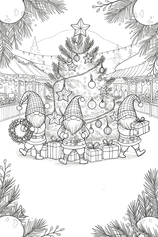 Three christmas gnomes around a decorated christmas tree with gift boxes, christmas market background — free printable market coloring book page
