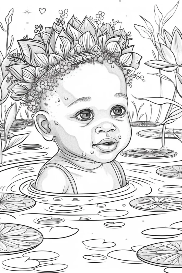 Baby with floral crown in lotus pond, cartoon realistic style — free printable children coloring book page