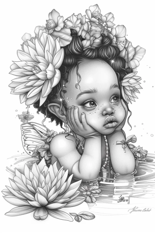 Cute elf little girl with flower crown and butterfly wings resting in water, surrounded by lotus flowers and water droplets — free printable children coloring book page
