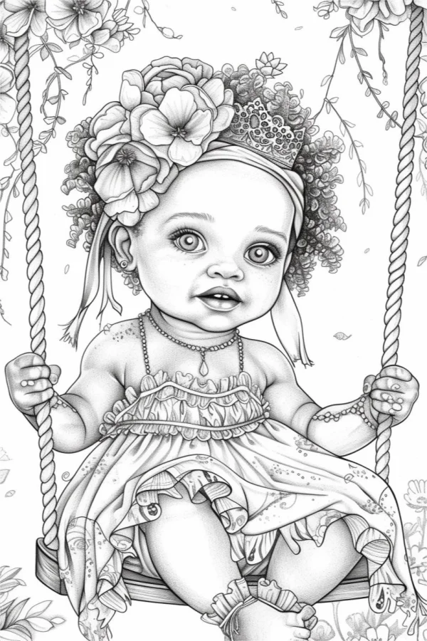 Baby with flower headdress and small crown sitting on swing, cartoon style line art — free printable children coloring book page