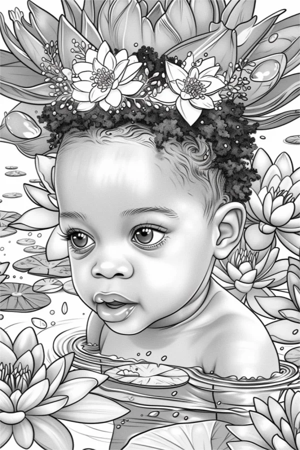 Coloring book page, cute toddler with lotus flower crown in water — free printable children coloring book page