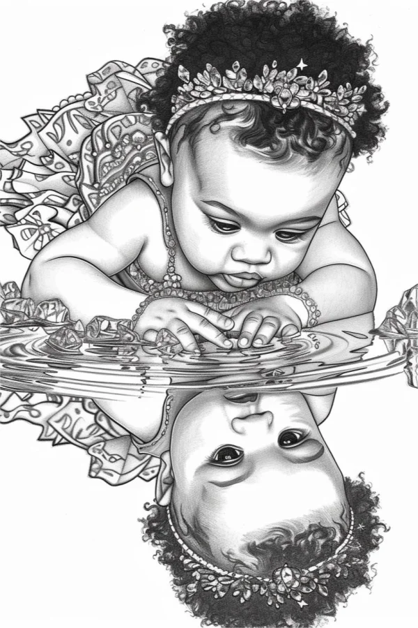 Coloring book page, curly-haired baby with water reflection — free printable children coloring book page