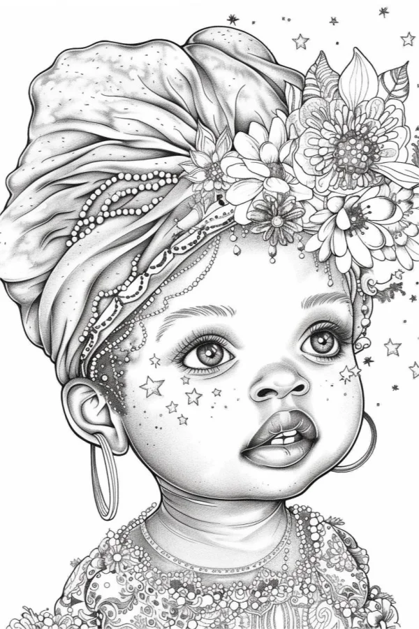 African little girl with floral headwrap, realistic style — free printable african culture coloring book page