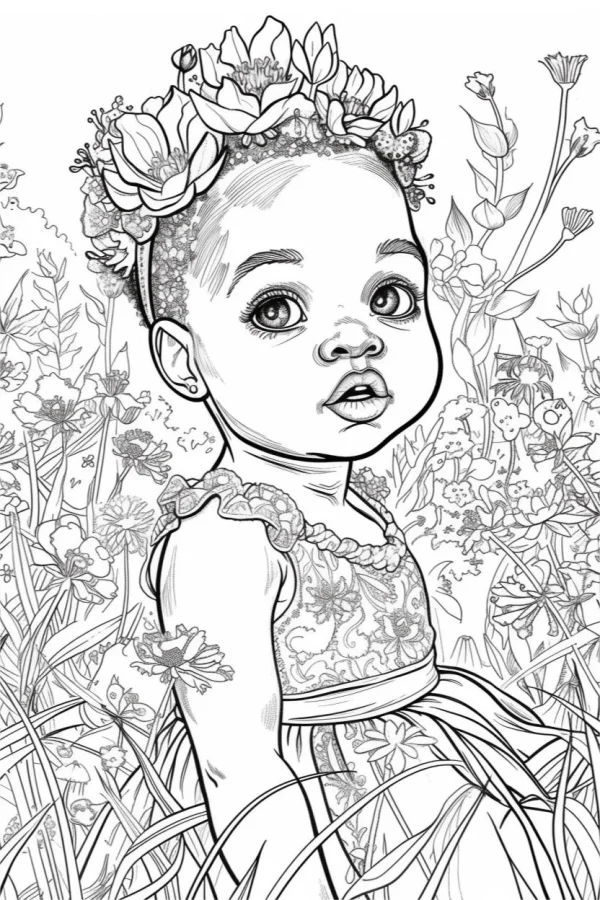 Cute little girl with flower crown on head, surrounded by various flowers and grass — free printable children coloring book page