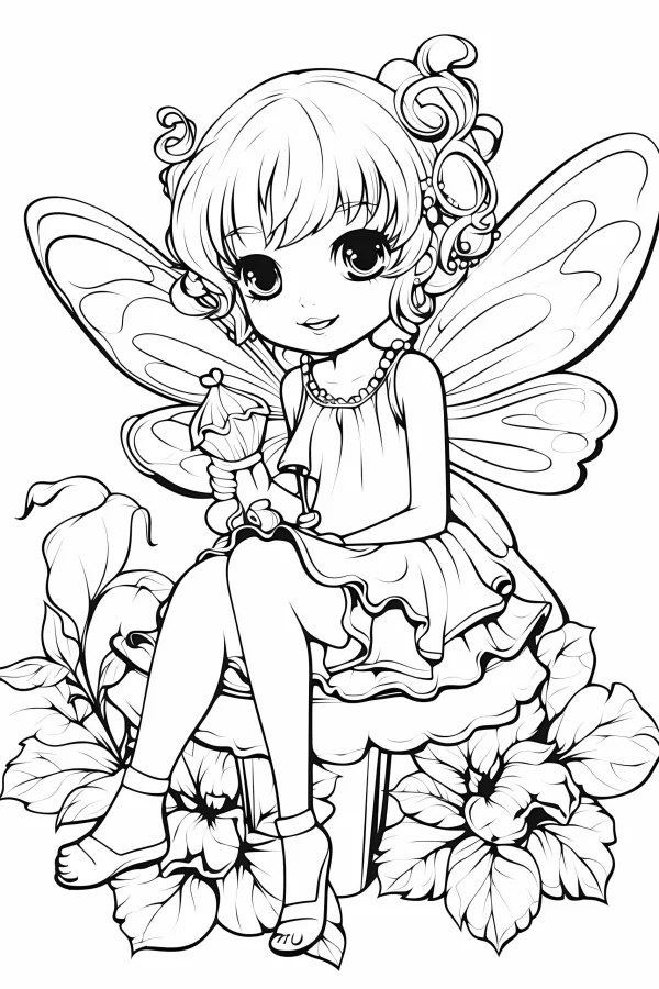Cute chibi fairy girl with butterfly wings, cartoon style — free printable elves coloring book page