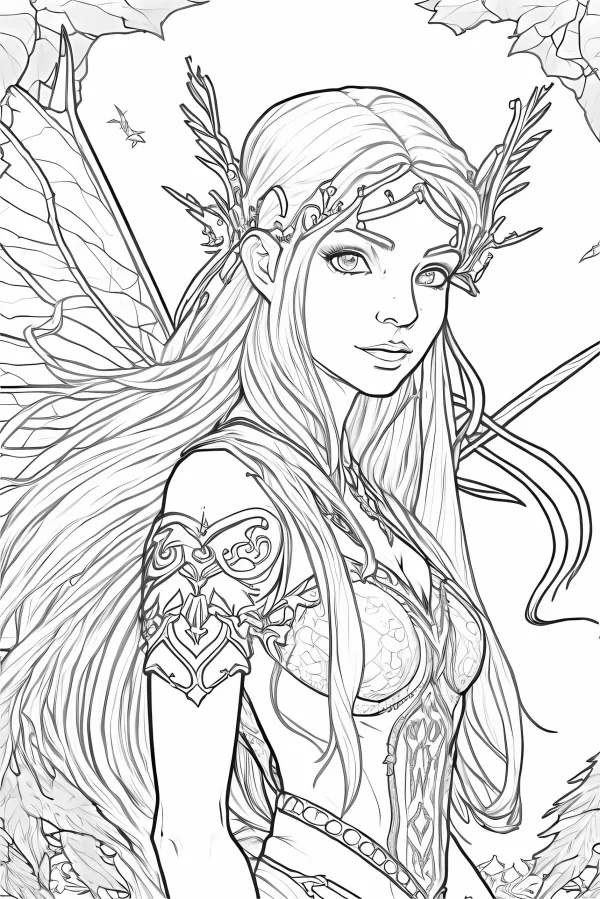 Winged forest elf with long hair and leaf headpiece, fantasy illustration style — free printable elves coloring book page