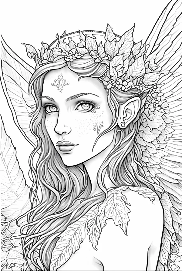 Winged elf with leaf crown, fantasy illustration style — free printable elves coloring book page