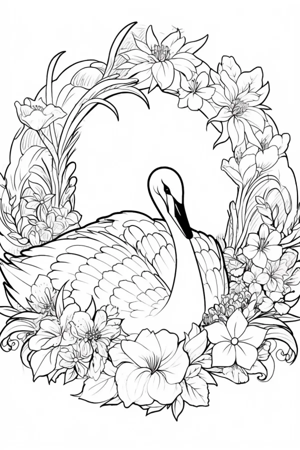 Swan surrounded by various flowers and vines, illustration style — free printable romance coloring book page
