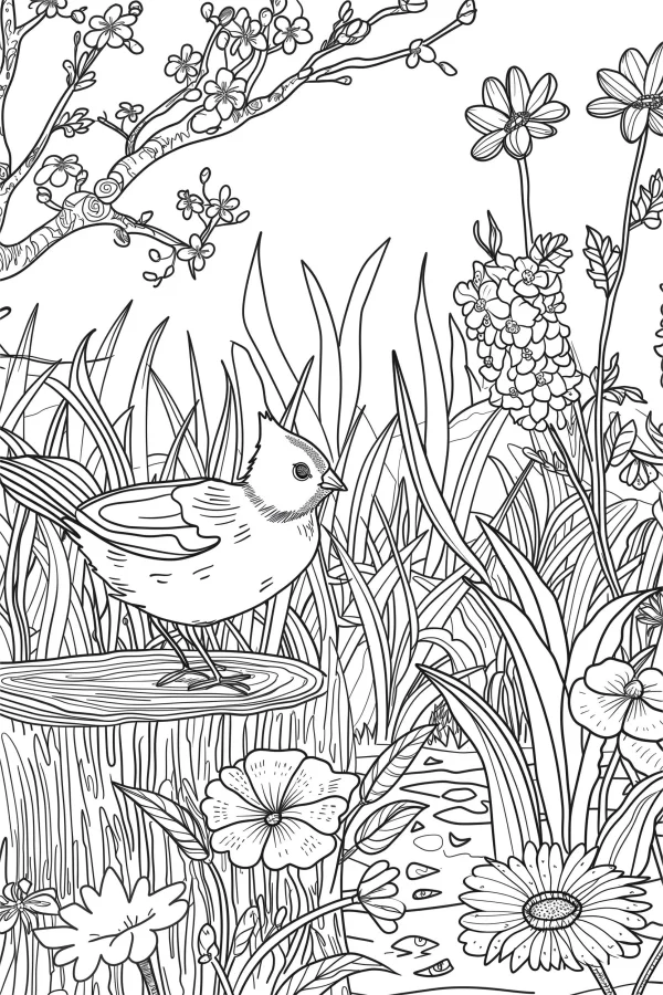 Small bird standing on a tree stump, nature scene with blooming branches — free printable spring coloring book page