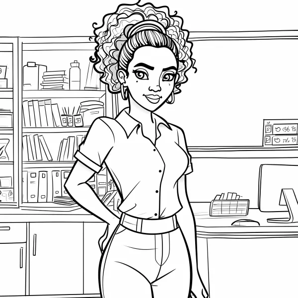 Coloring book page, office female clerk with curly hair — free printable work coloring book page