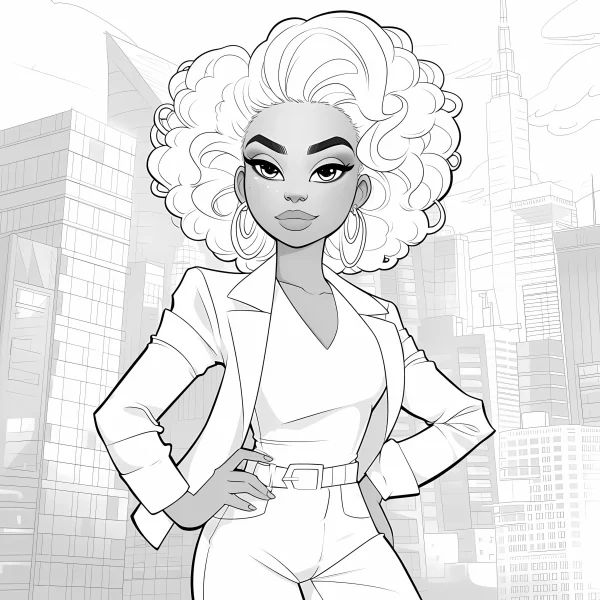 Stylish professional woman with curly hair and hoop earrings, cartoon style — free printable urban life coloring book page