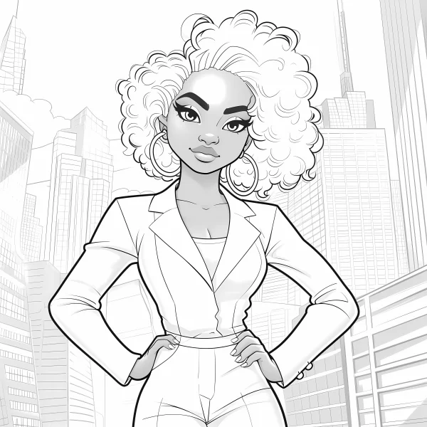 Curly-haired professional woman in business suit, cartoon style — free printable career theme coloring book page