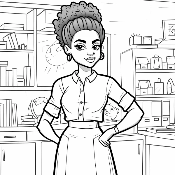 Curly-haired female teacher in classroom, cartoon style — free printable work coloring book page