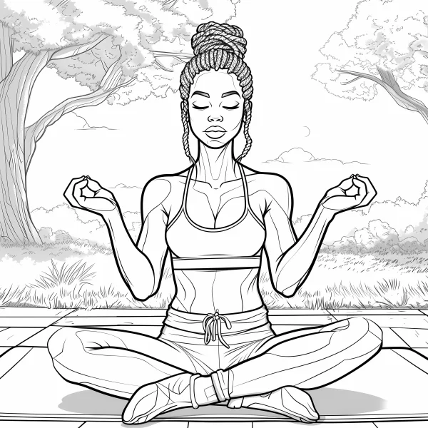 Woman doing yoga meditation in lotus pose, outdoor park scene with trees and grass — free printable outdoor coloring book page