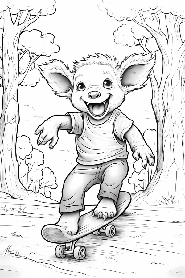 Anthropomorphic cartoon mammal wearing clothes riding a skateboard, cartoon style — free printable outdoor coloring book page