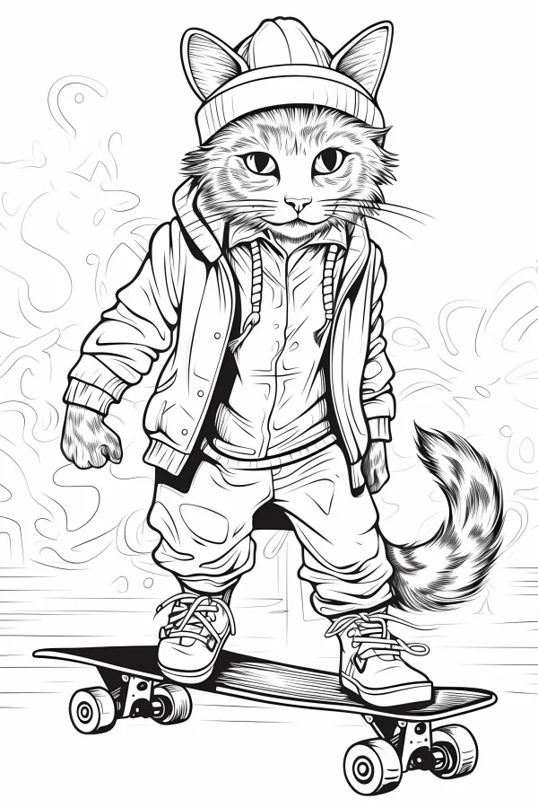 Anthropomorphic stylish cat wearing street clothes (beanie, jacket — free printable street fashion coloring book page