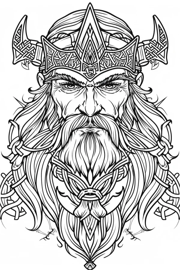Norse long-bearded warrior with celtic patterned horned headgear, nordic tribal totem style — free printable nordic coloring book page