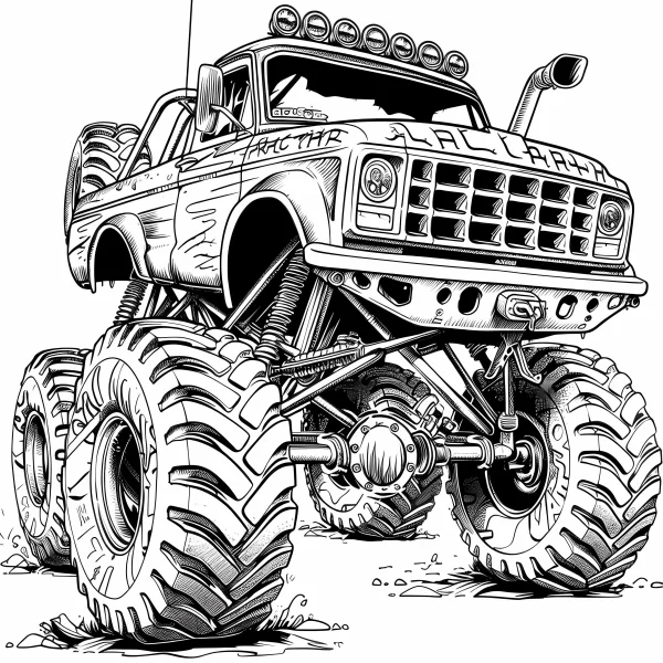 Monster off-road truck, realistic sketch style — free printable transportation coloring book page